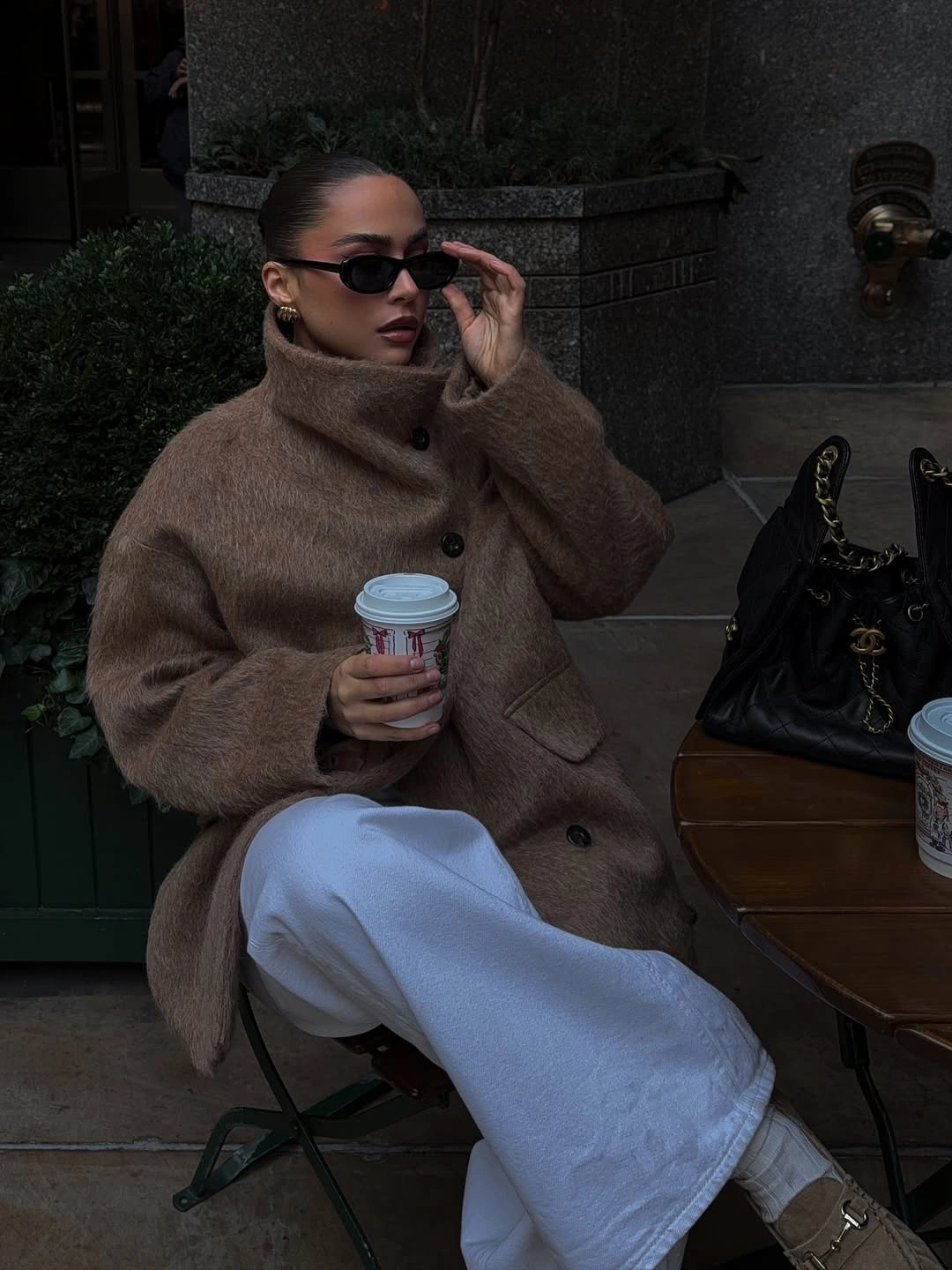 stylish winter NYC outfits - Mocha Coat and Relaxed White Trousers