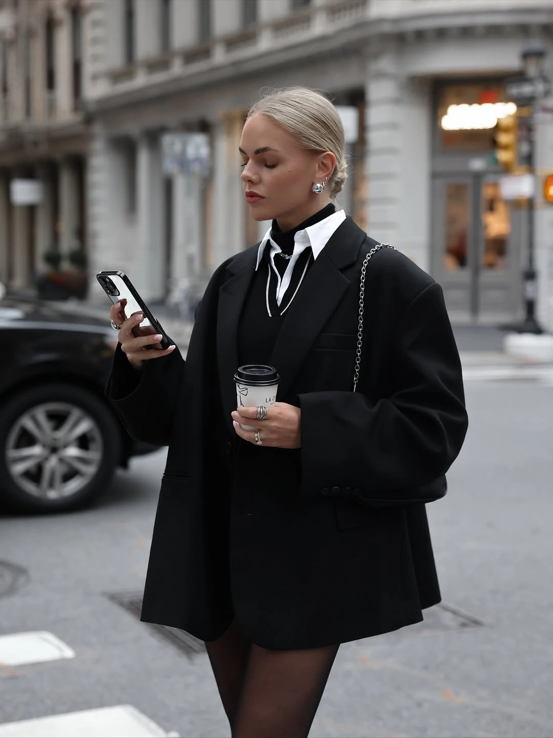 stylish winter NYC outfits - Sharp Black Layers With a Mini Skirt