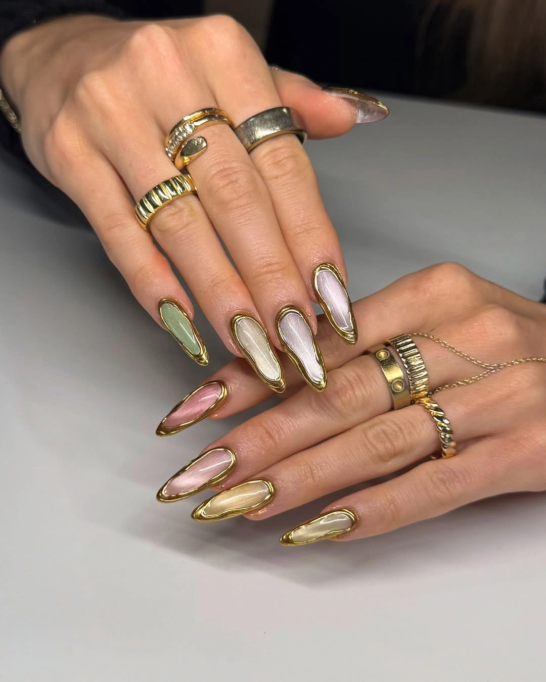 trendy almond nails 2027 - Liquid Gold Almond Nails With a Soft Chrome Finish