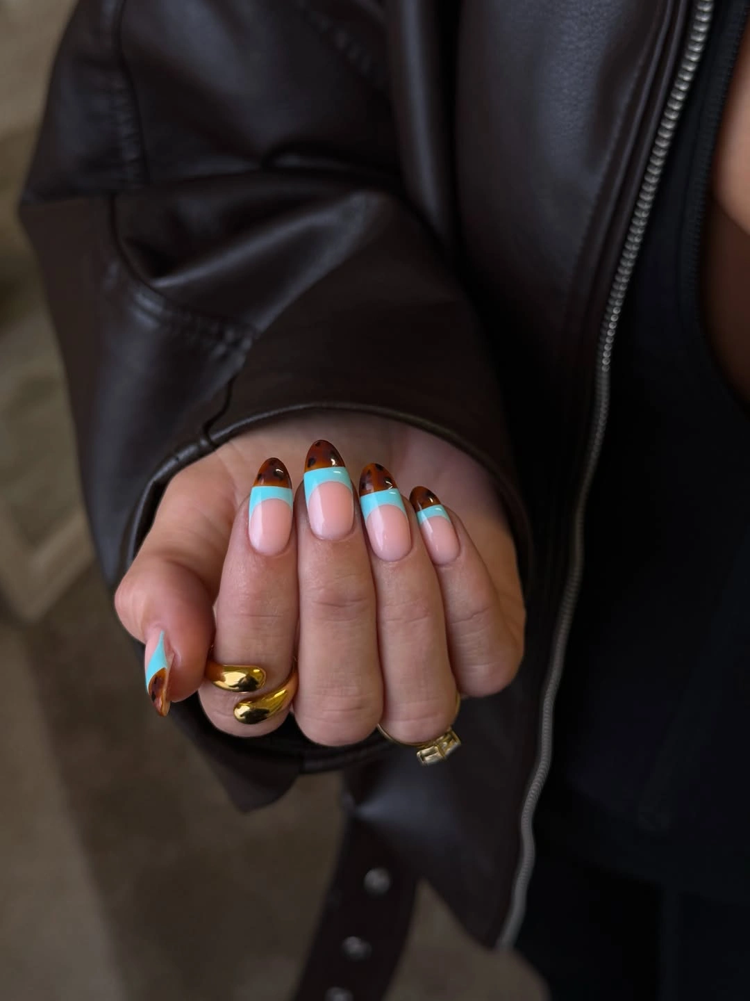 trendy almond nails 2027 - Brown and Blue French Almond Nails With Gold Details