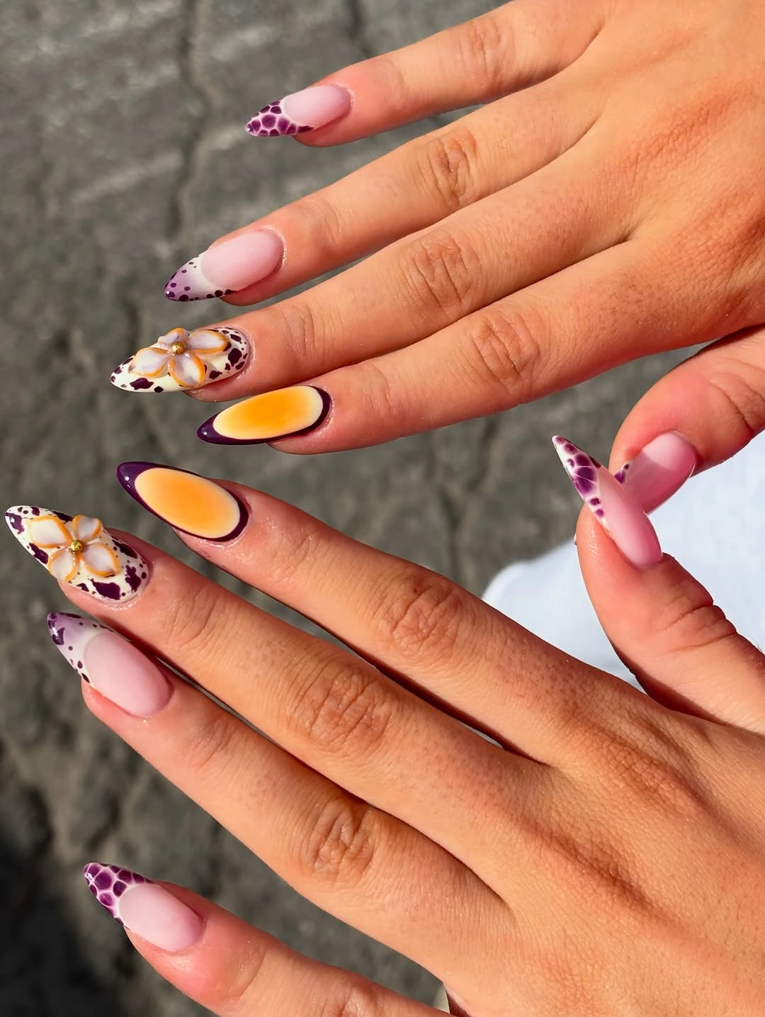 trendy almond nails 2027 - Berry Leopard and Golden Floral Almond Nails