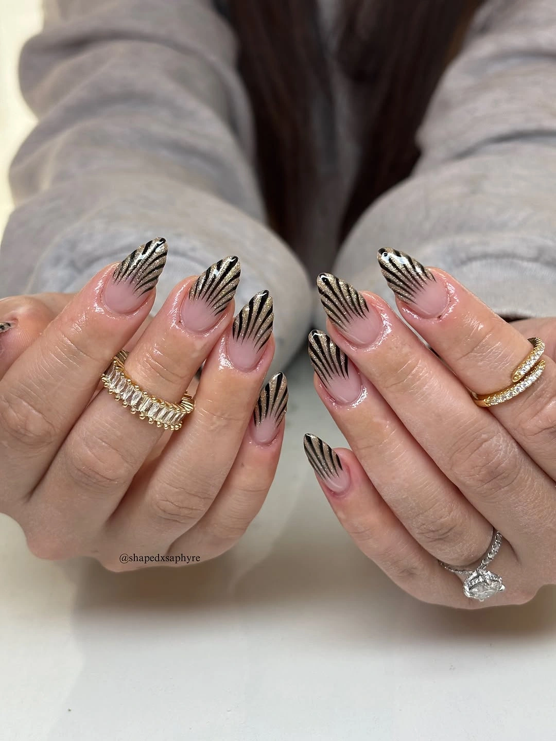 trendy almond nails 2027 - Black and Silver Feathered French Almond Nails