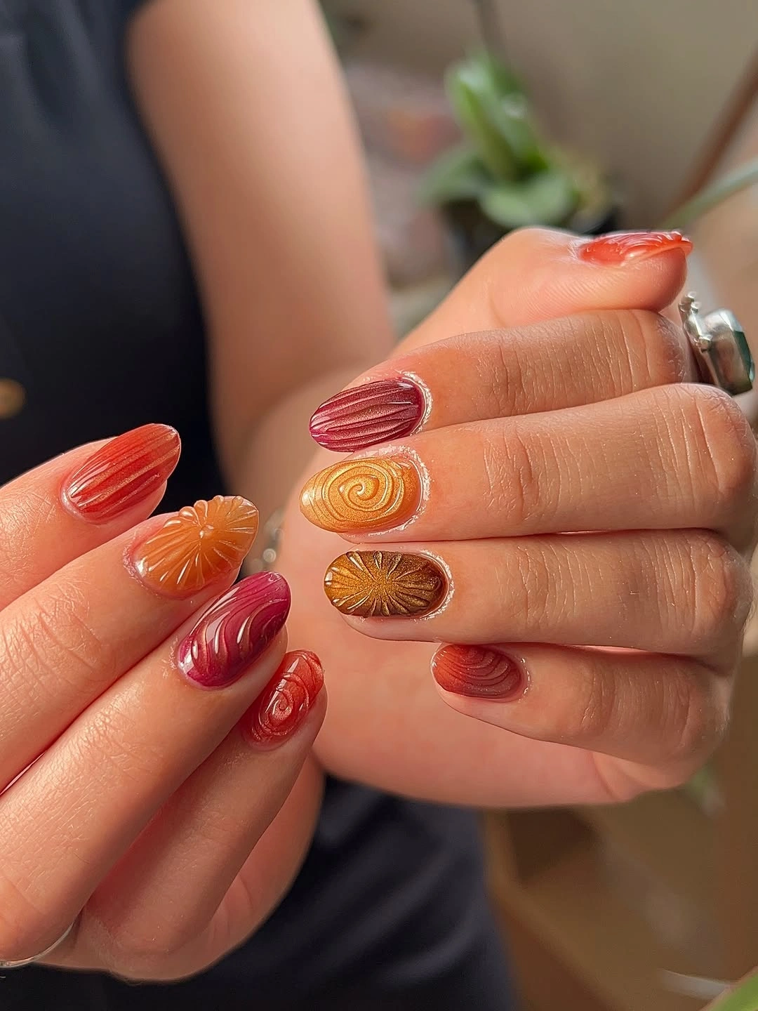 trendy almond nails 2027 - Warm Amber Almond Nails With Sculpted Retro Details