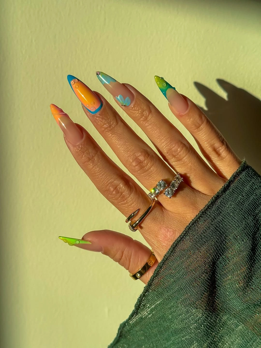 trendy almond nails 2027 - Neon Summer Almond Nails With Playful French Tips