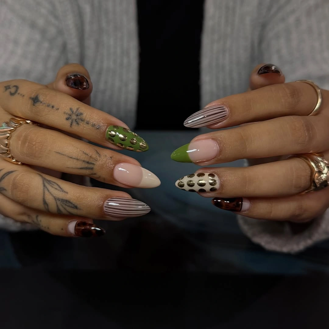 trendy almond nails 2027 - Olive Green, Brown and Polka Dot Almonds