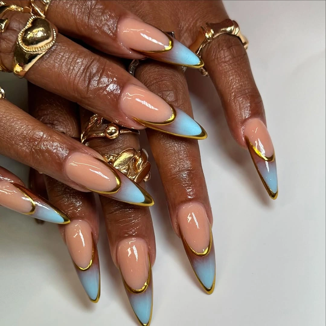 trendy almond nails 2027 - Baby Blue French Almond Nails With Gold Edging