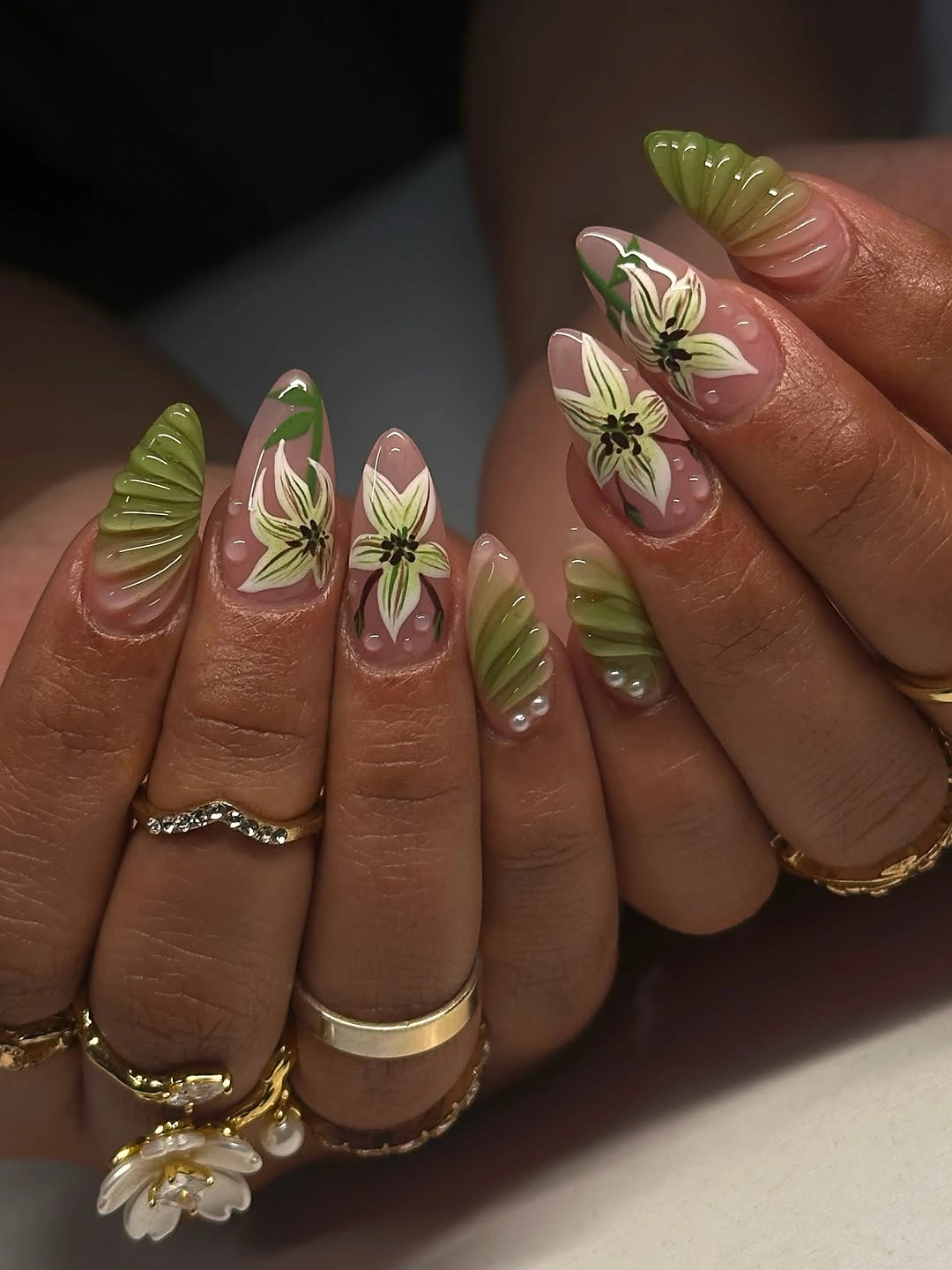trendy almond nails 2027 - Green Floral Almond Nails With Sculpted Botanical Details