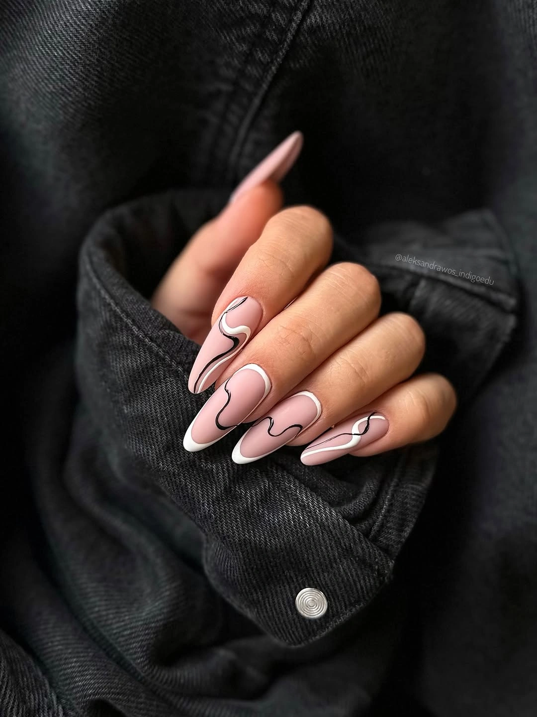 trendy almond nails 2027 - Soft Pink Almond Nails With Black and White Waves