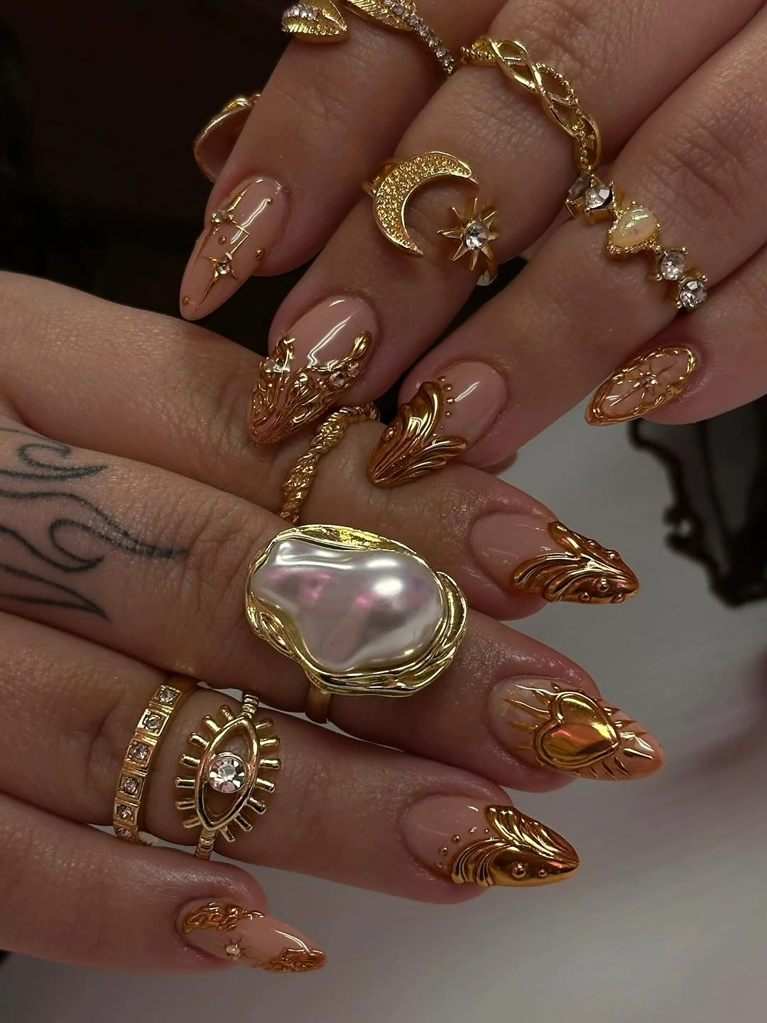 trendy almond nails 2027 - Golden Embellished Almond Nails With a Vintage Glamour Mood