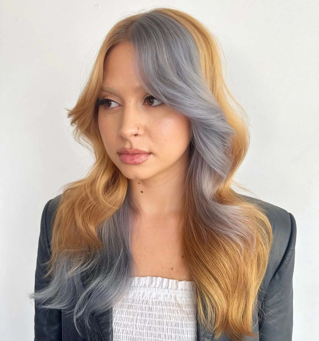 trendy winter hair colors Half Silver, Half Golden Blonde