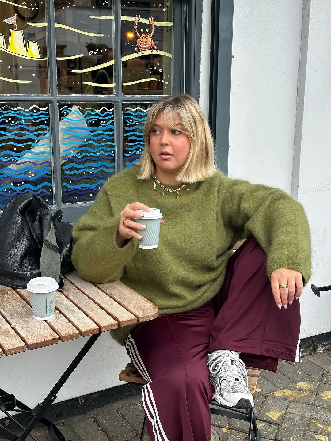 trendy winter outfit for plus size women Olive green sweater and burgundy casual look