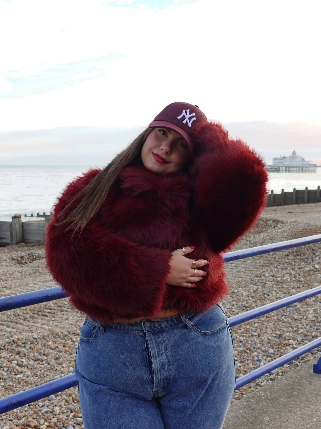 trendy winter outfit for plus size women Burgundy faux fur and denim