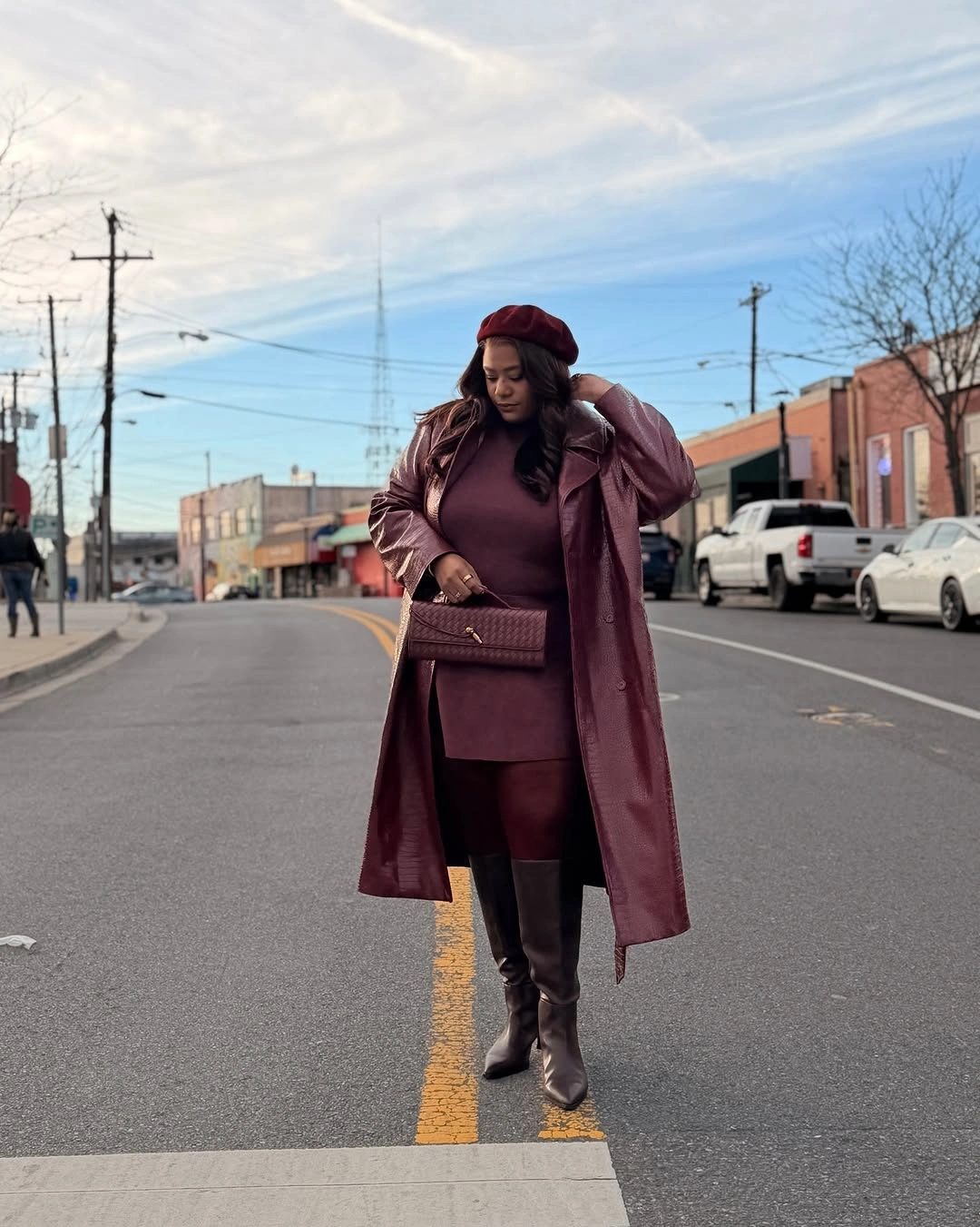 trendy winter outfit for plus size women Burgundy dressy winter outfit with boots