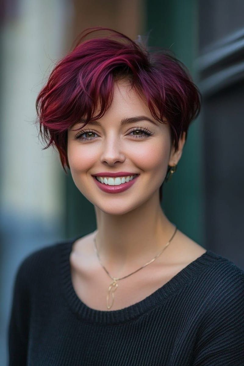 Short Pixie With Side-Swept Bangs — Mahogany Hair Color