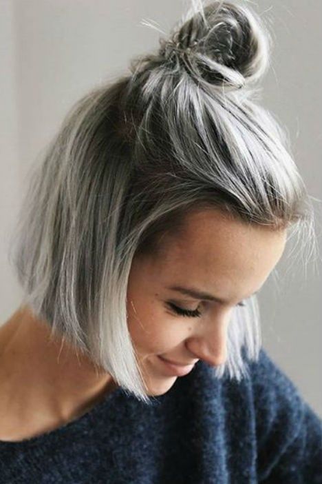 Bob With Blunt Bangs and Subtle Gray Bob With Blunt Bangs and Subtle Gray β Gray Blending Highlights
