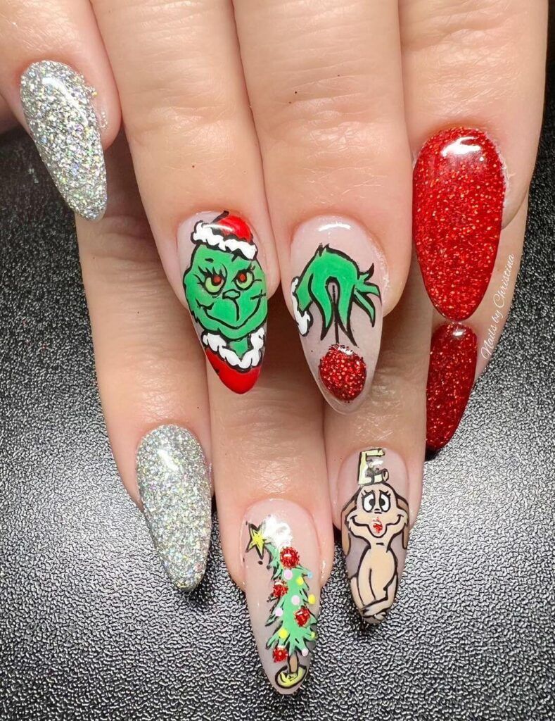 Medium Almond Grinch with Santa Hat and Max Medium Almond Grinch with Santa Hat and Max β Grinch Nails 2026