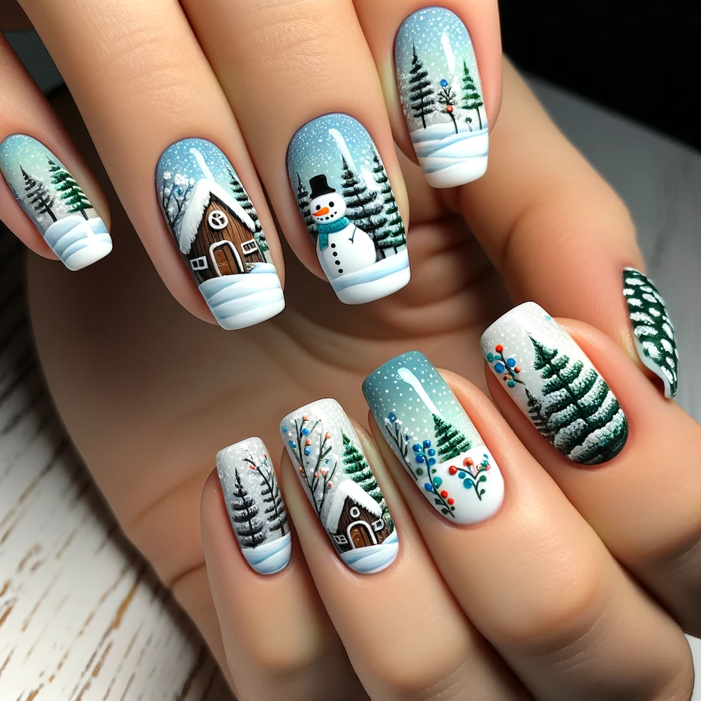 Glossy Medium Oval Winter Scene Nails Glossy Medium Oval Winter Scene Nails โ Winter Wonderland Nails