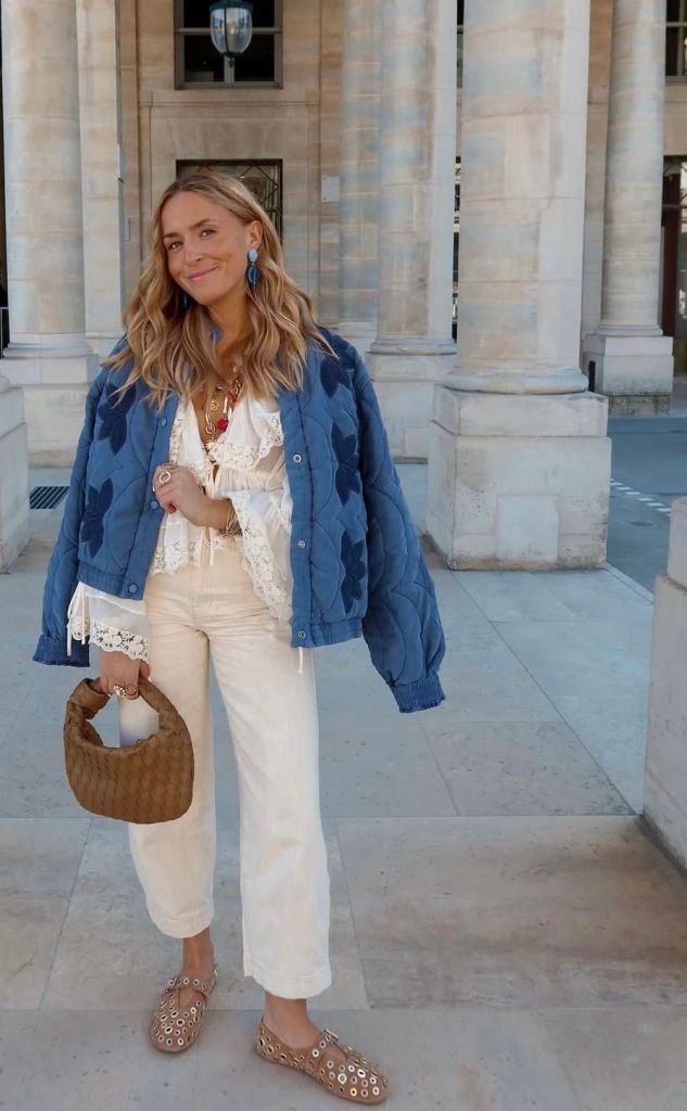 Embroidered Blue Bomber Jacket with Cream Pants Embroidered Blue Bomber Jacket with Cream Pants β Colorful Winter Outfits