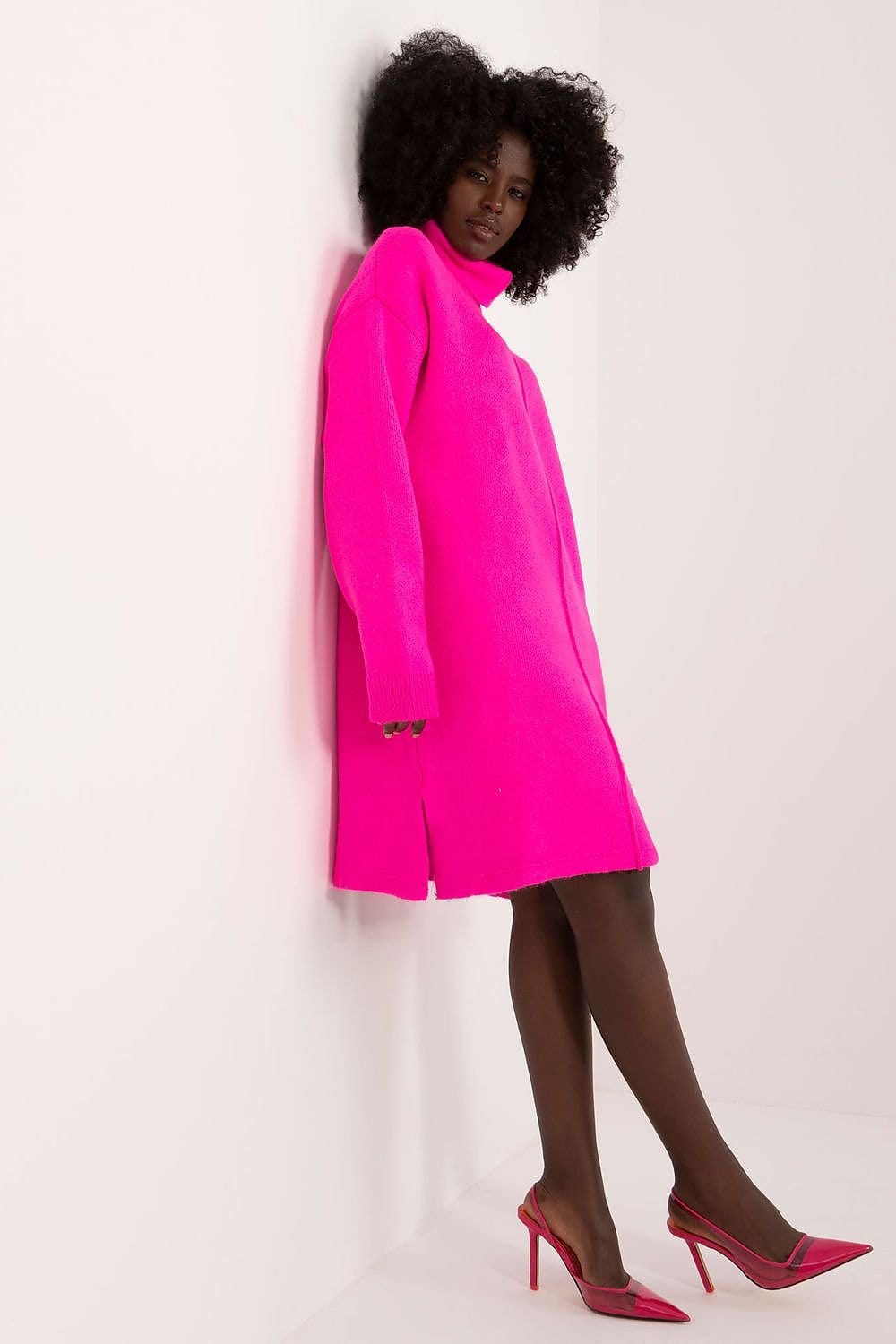 Vibrant Hot Pink Oversized Sweater Dress with Side Slits — Winter Dress Outfits