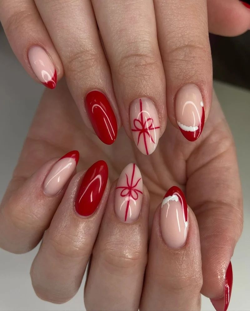 Gift Bow Motif And Santa Hat French Tips Visual Idea — Easy Christmas Nails 2026
