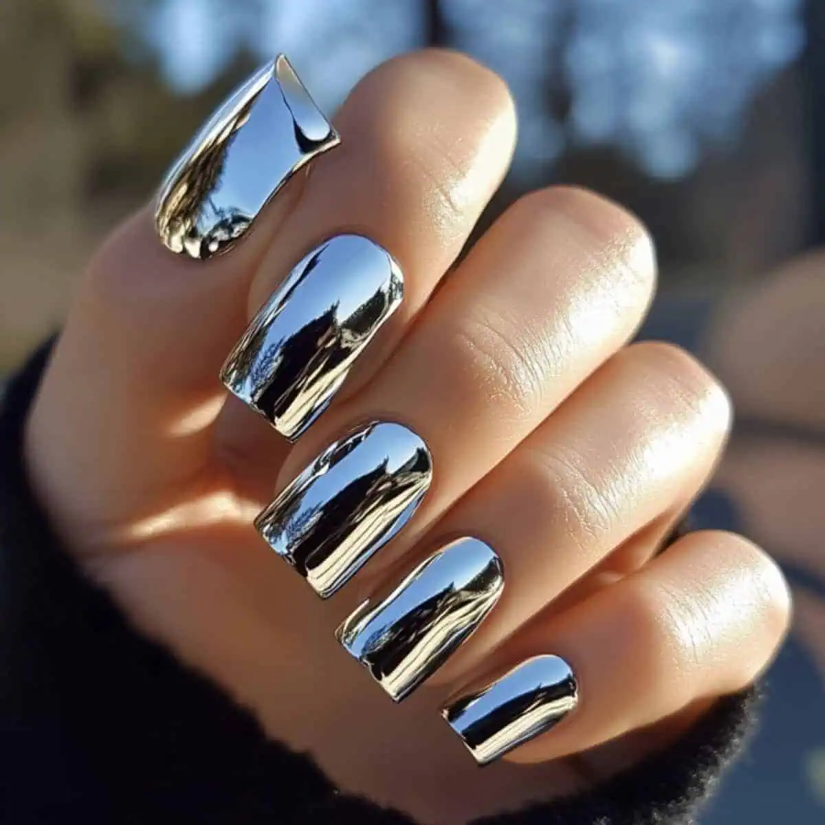 Reflective Silver Chrome Medium Square Nails Reflective Silver Chrome Medium Square Nails โ Winter Chrome Nails