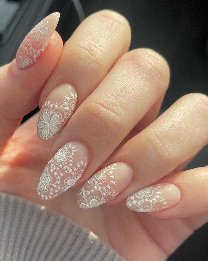 Intricate White Lace Pattern Overlay Intricate White Lace Pattern Overlay β Winter Wedding Nails