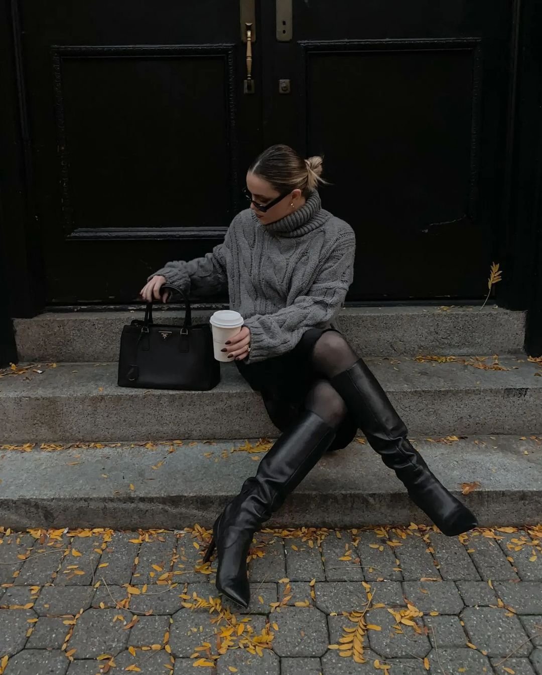 Black Mini Skirt with Cable Knit Turtleneck and Knee-High Boots — Winter Skirt Outfits