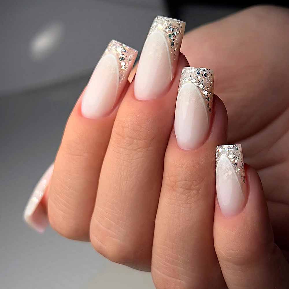 Milky White Glitter French V-Tip Nails Milky White Glitter French V-Tip Nails โ Winter Formal Nails
