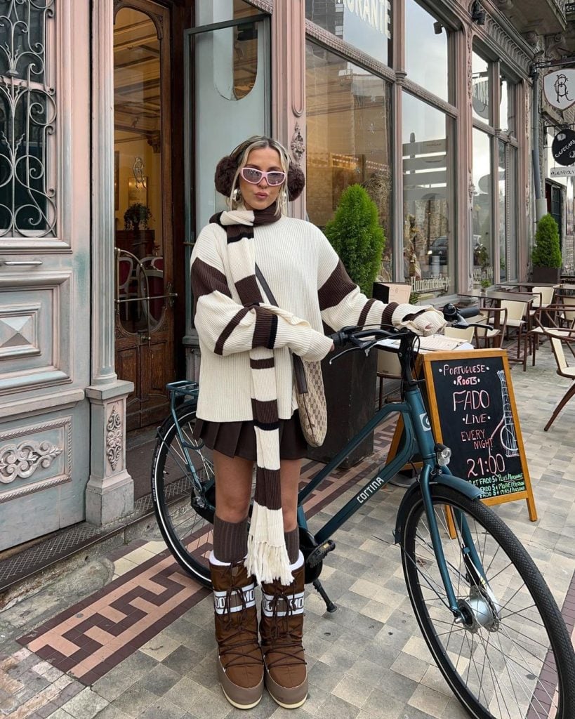 Cozy Chic: Brown Moon Boots with a Striped Sweater — Moon Boots Outfits