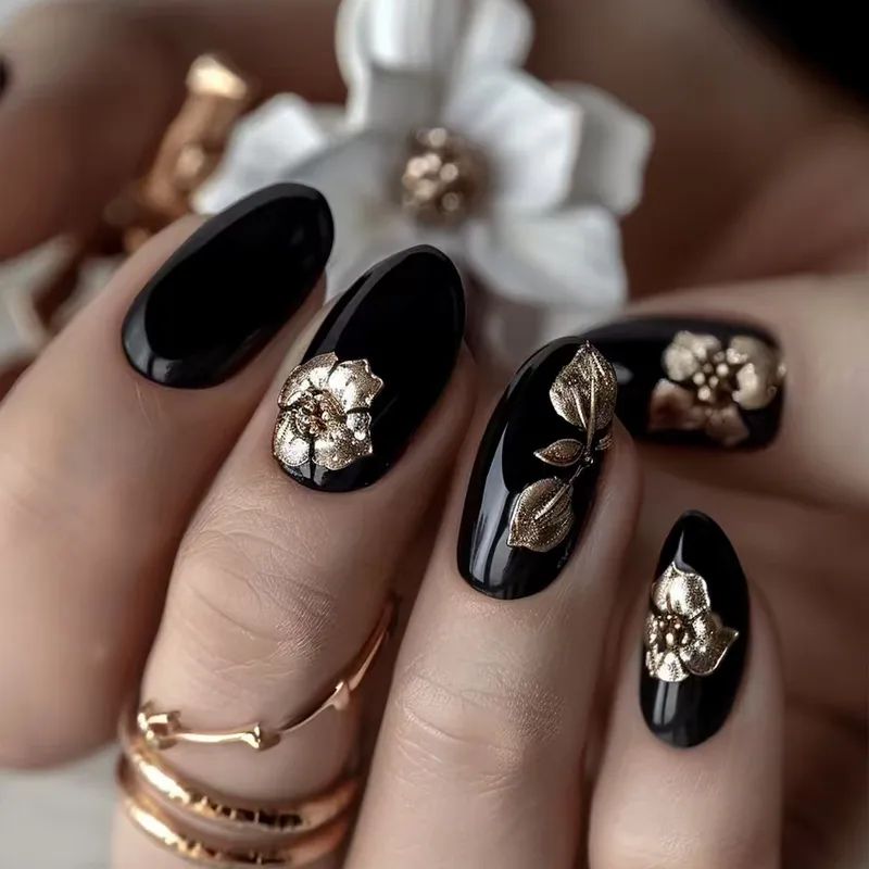 Glossy Black With 3D Gold Floral Charms — Winter Black Nails