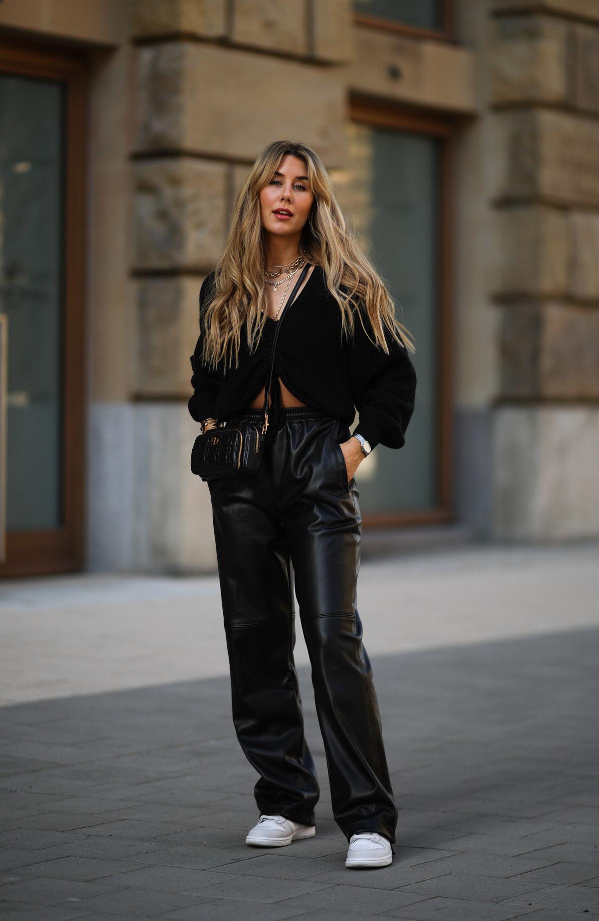 Relaxed Fit Leather Pants with Knit Cardigan — Leather Pants Outfits