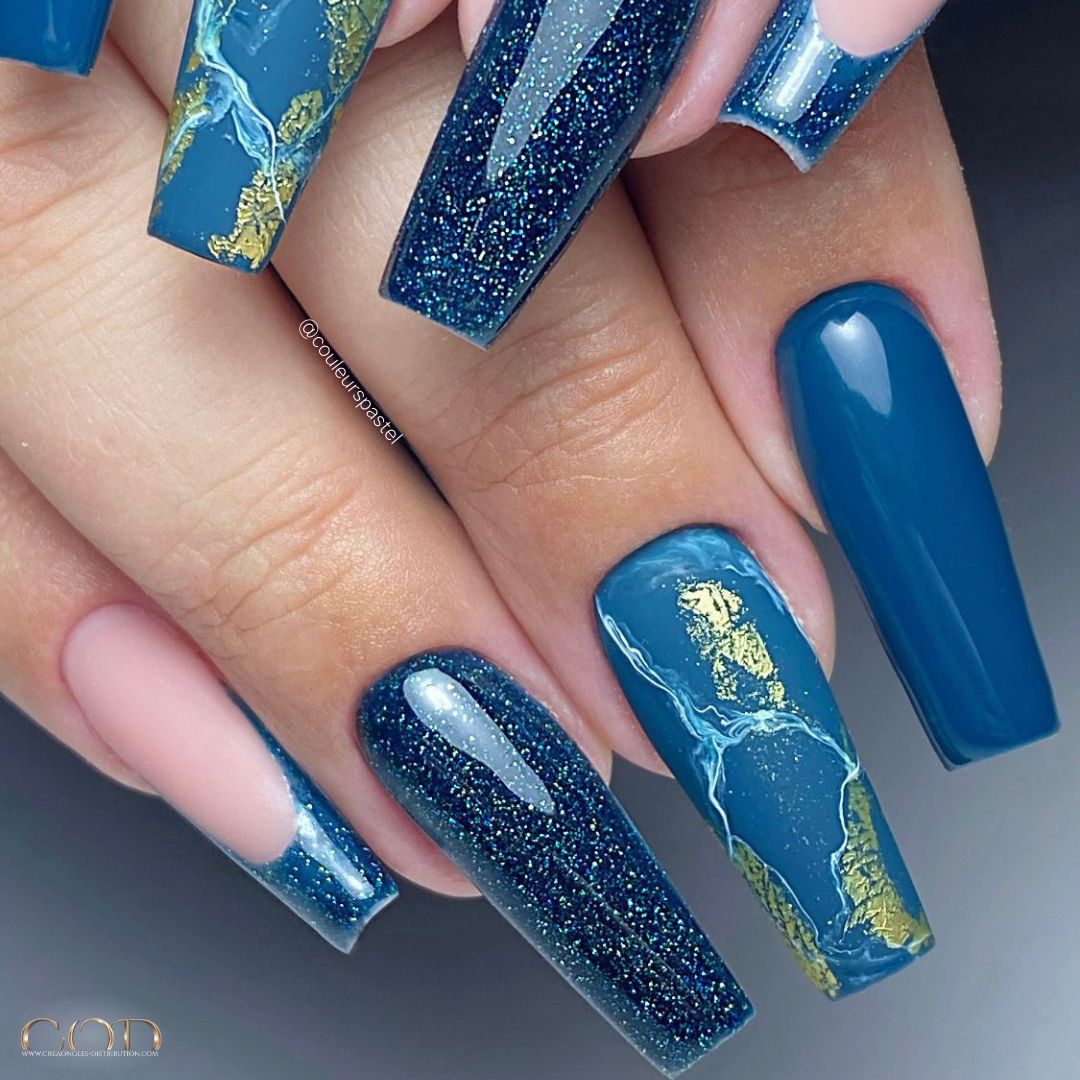 Teal Blue Marble & Gold Foil Coffin Nails — Long Winter Coffin Nails
