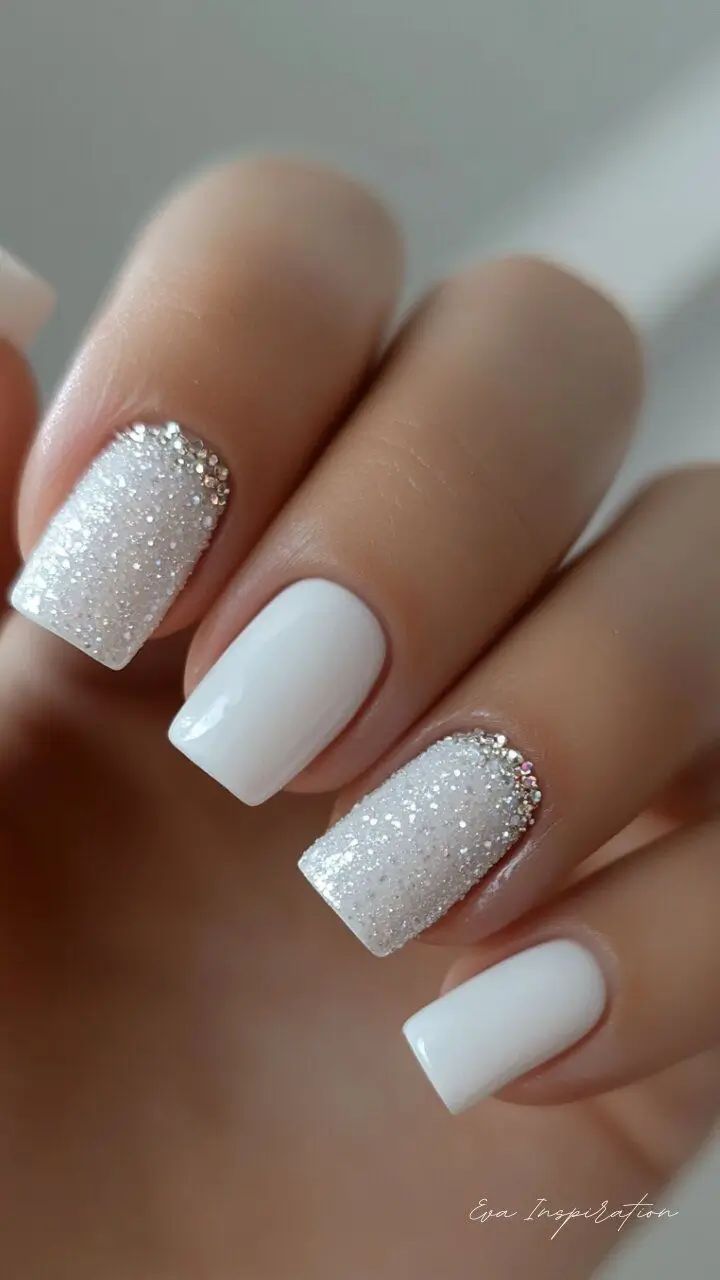 Opaque White with Full Glitter Accents Opaque White with Full Glitter Accents β Winter White Nails