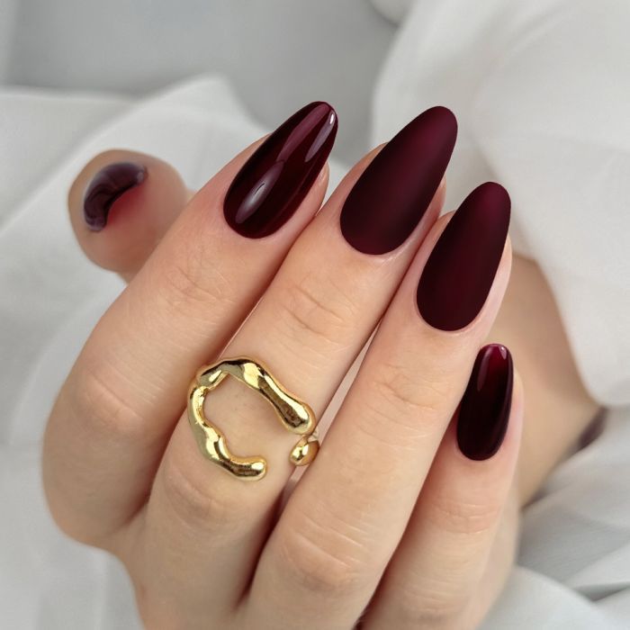 Mixed Finish Deep Burgundy Almonds Mixed Finish Deep Burgundy Almonds β Black Cherry Nails
