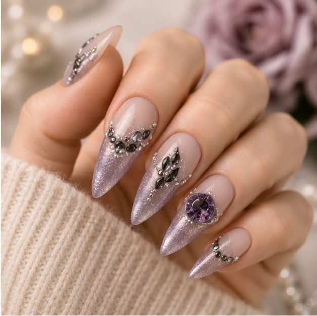 Lilac Shimmer Stiletto With Purple Gem Accent Lilac Shimmer Stiletto With Purple Gem Accent β Winter Rhinestone Nails