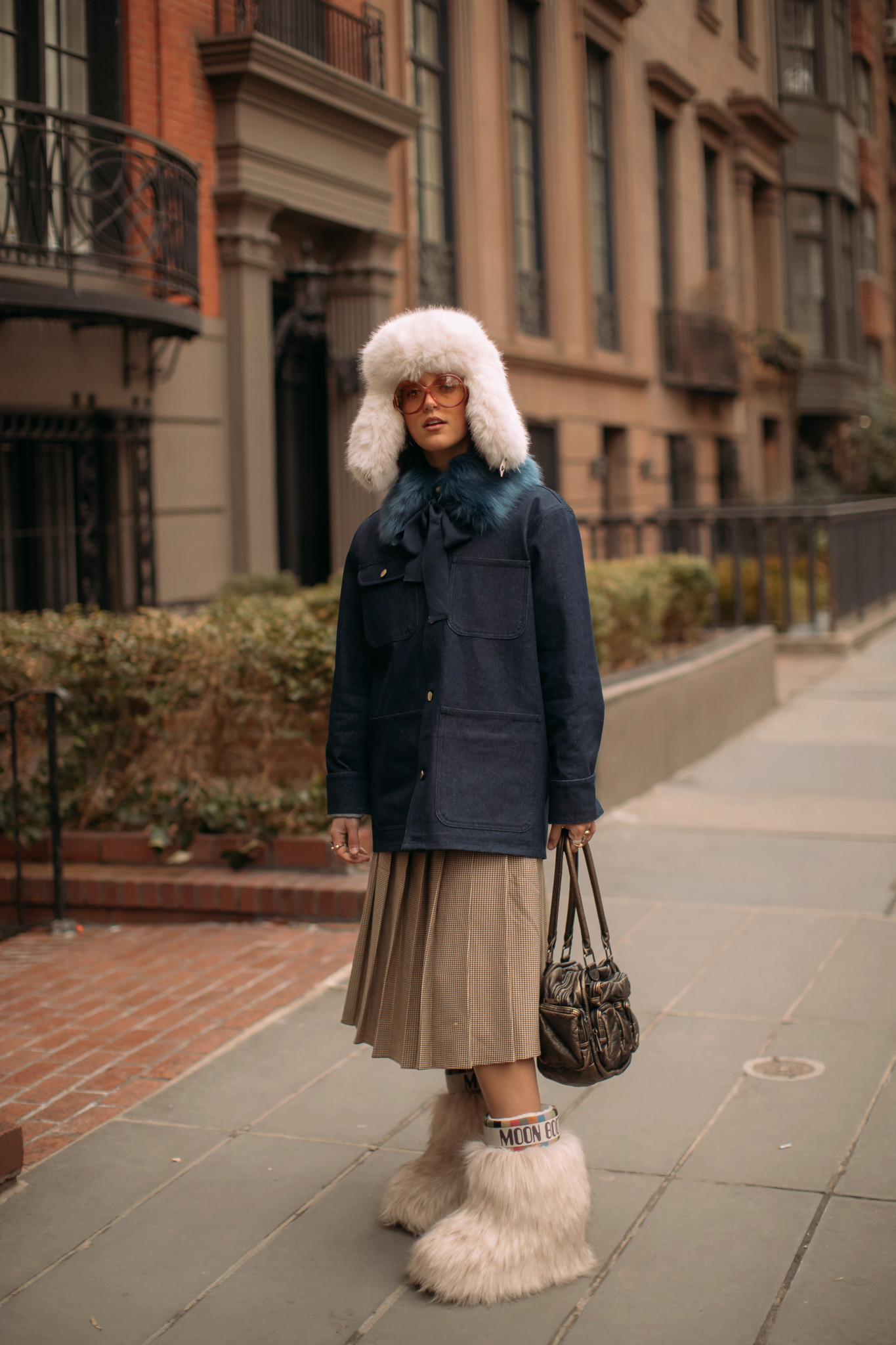 White Trapper Fur Hat with Denim Jacket and Pleated Skirt White Trapper Fur Hat with Denim Jacket and Pleated Skirt β Fur Hat Outfits