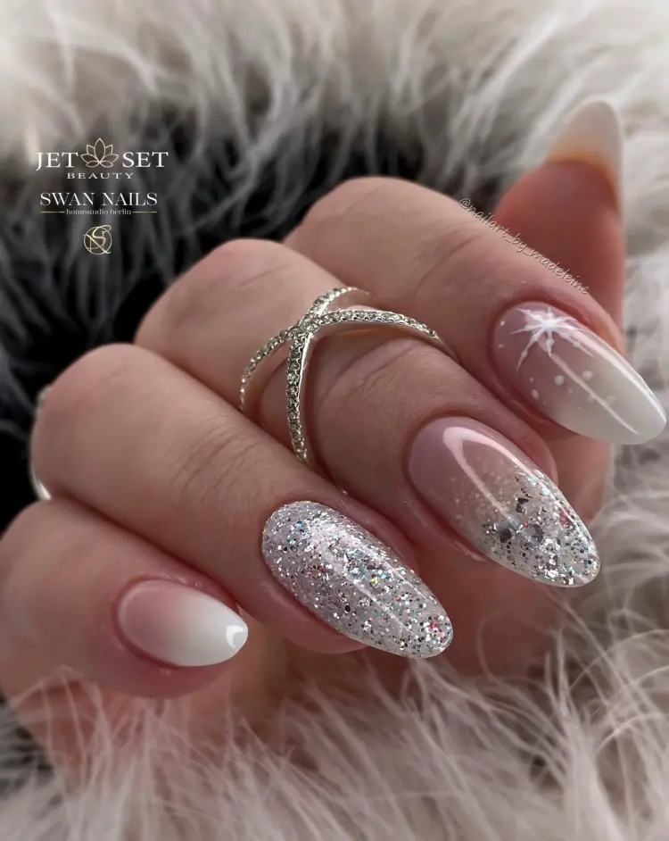 Nude Ombre Silver Glitter Snowflake Nails Nude Ombre Silver Glitter Snowflake Nails β Winter Nails