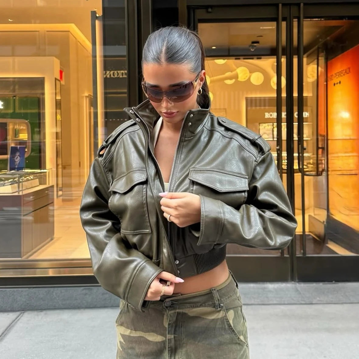 Cropped Faux Leather Jacket with Camouflage Pants Cropped Faux Leather Jacket with Camouflage Pants β Baddie Winter Outfits