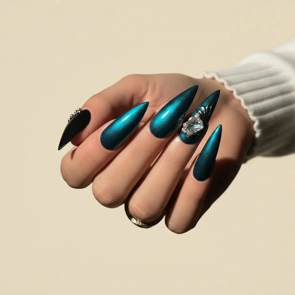 Long Stiletto Metallic Emerald Chrome — Emerald Green Nails