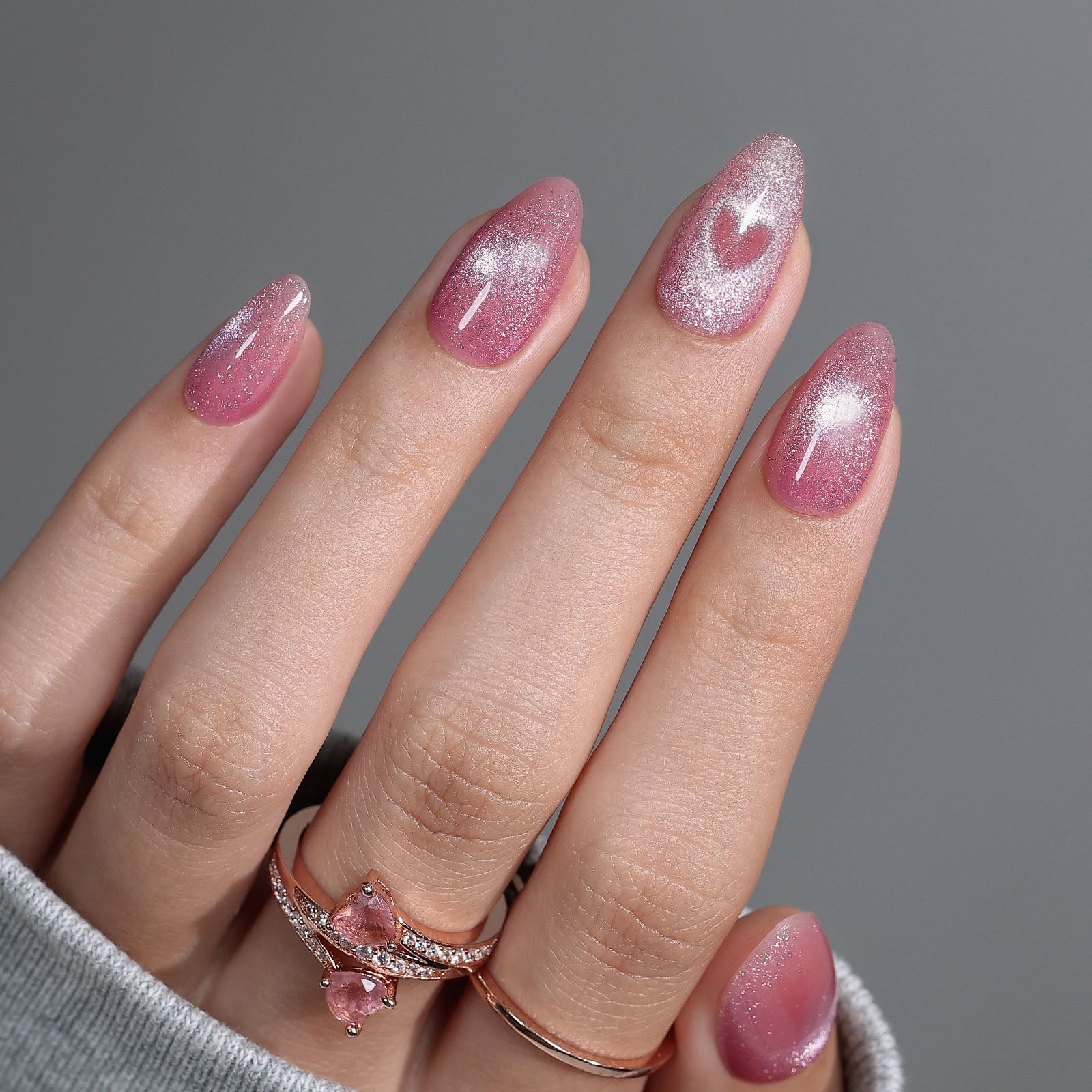Sheer Pink Shimmer Heart Accent Almond Nails Sheer Pink Shimmer Heart Accent Almond Nails β Velvet Nails