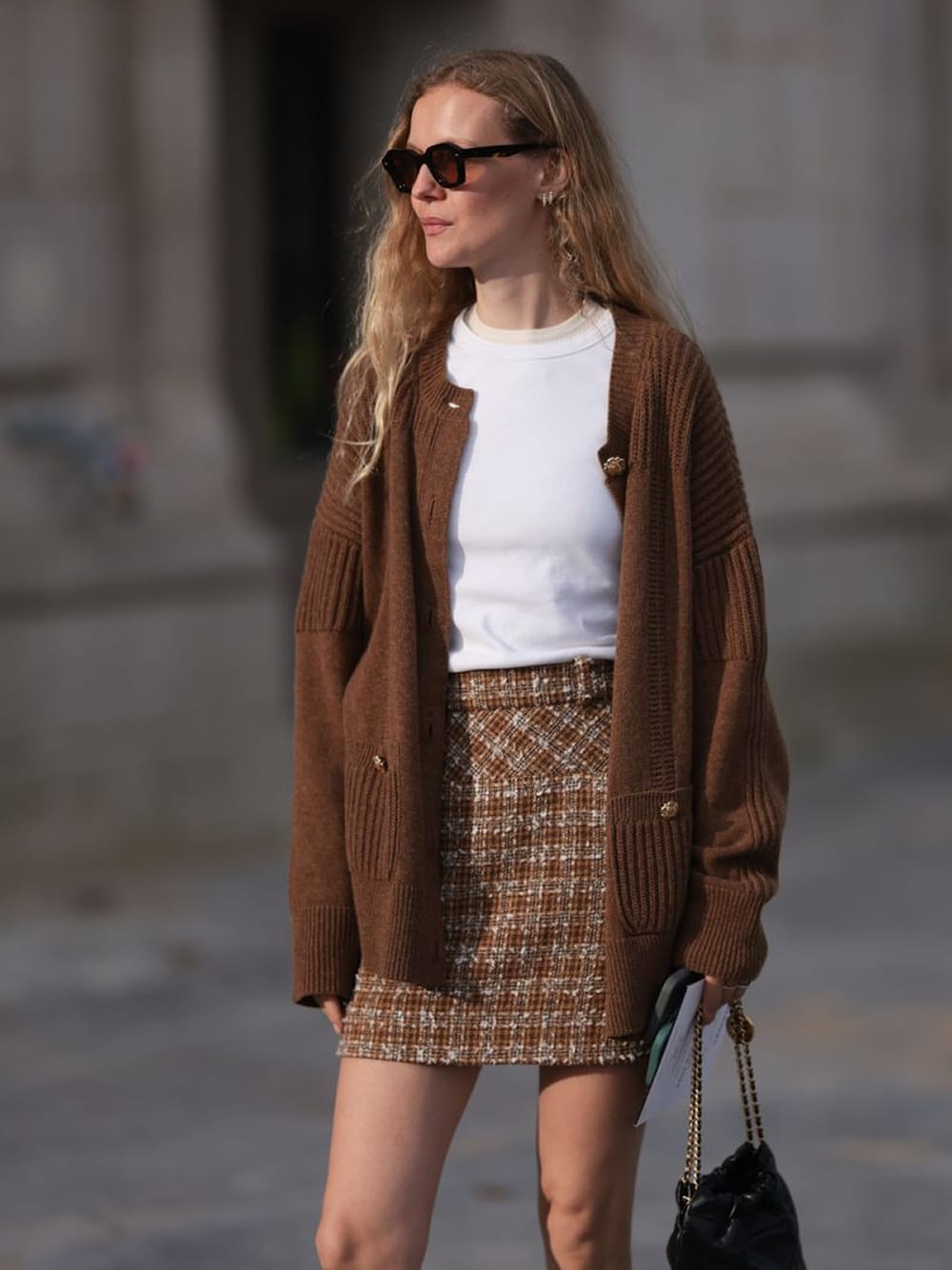 Cozy Brown Knit Cardigan with Tweed Mini Skirt Cozy Brown Knit Cardigan with Tweed Mini Skirt β Chocolate Brown Outfits