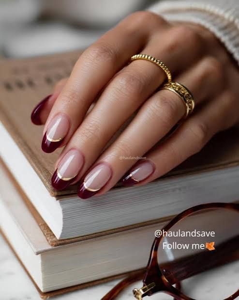 Nude Burgundy French Tips Gold Line Nude Burgundy French Tips Gold Line โ Fall to Winter Nails