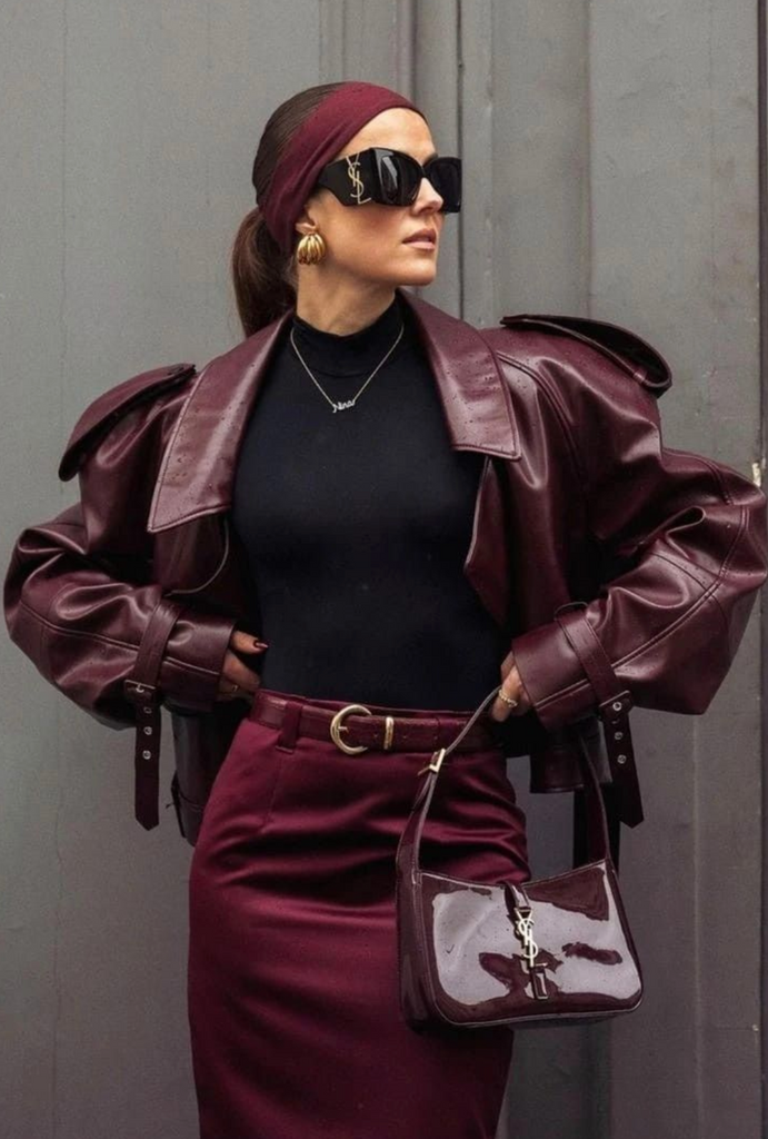 Dramatic Burgundy Leather Jacket Over Black Turtleneck and Satin Skirt Dramatic Burgundy Leather Jacket Over Black Turtleneck and Satin Skirt β Burgundy Outfits