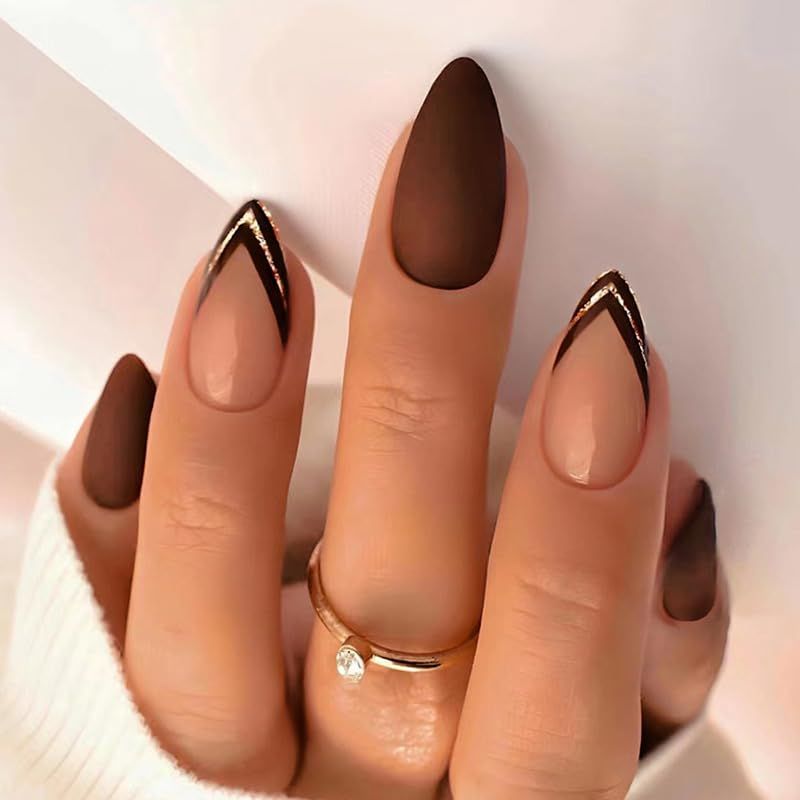 Matte Nude Nails with Brown V-Tips Matte Nude Nails with Brown V-Tips β Medium Winter Almond Nails