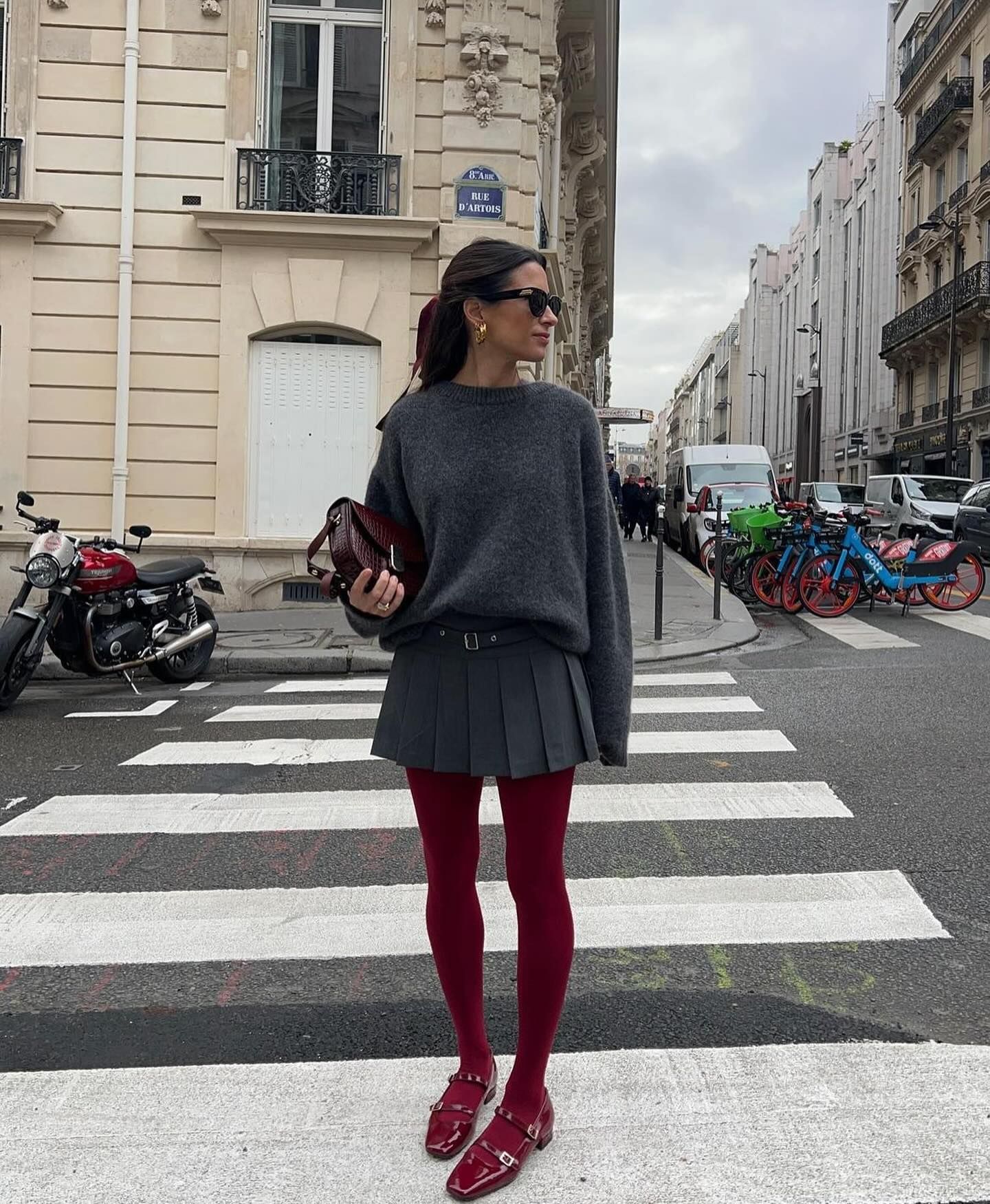 Bold Red Tights Paired with Grey Sweater and Pleated Mini Skirt Bold Red Tights Paired with Grey Sweater and Pleated Mini Skirt β Tights Outfits