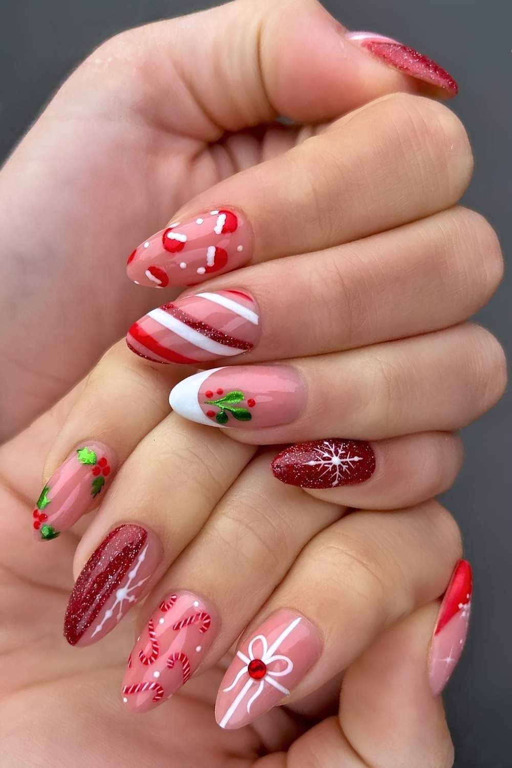 Candy Cane and Holly Almond Nails — Cute Christmas Nails 2026