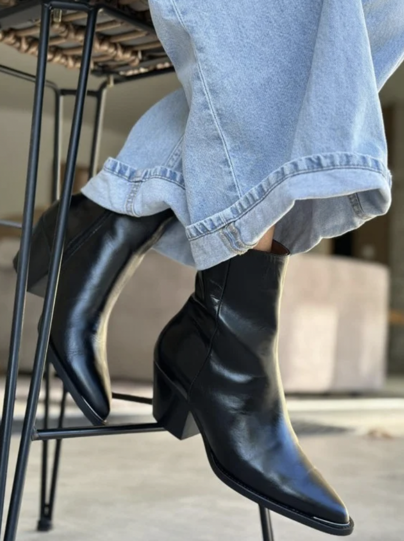 Pointed-Toe Boots with Wide-Leg Denim Jeans Pointed-Toe Boots with Wide-Leg Denim Jeans β Ankle Boots Outfits