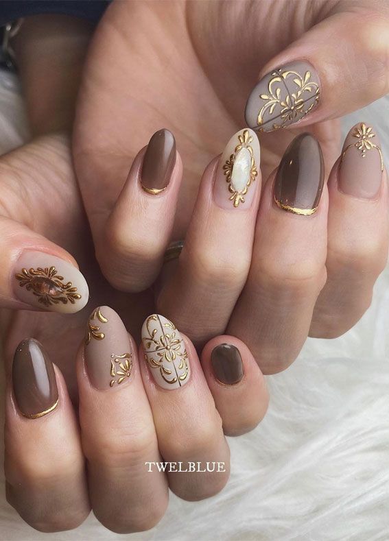 Matte Chocolate Brown Gold Foil Almond Nails Matte Chocolate Brown Gold Foil Almond Nails β Winter Nail Trends