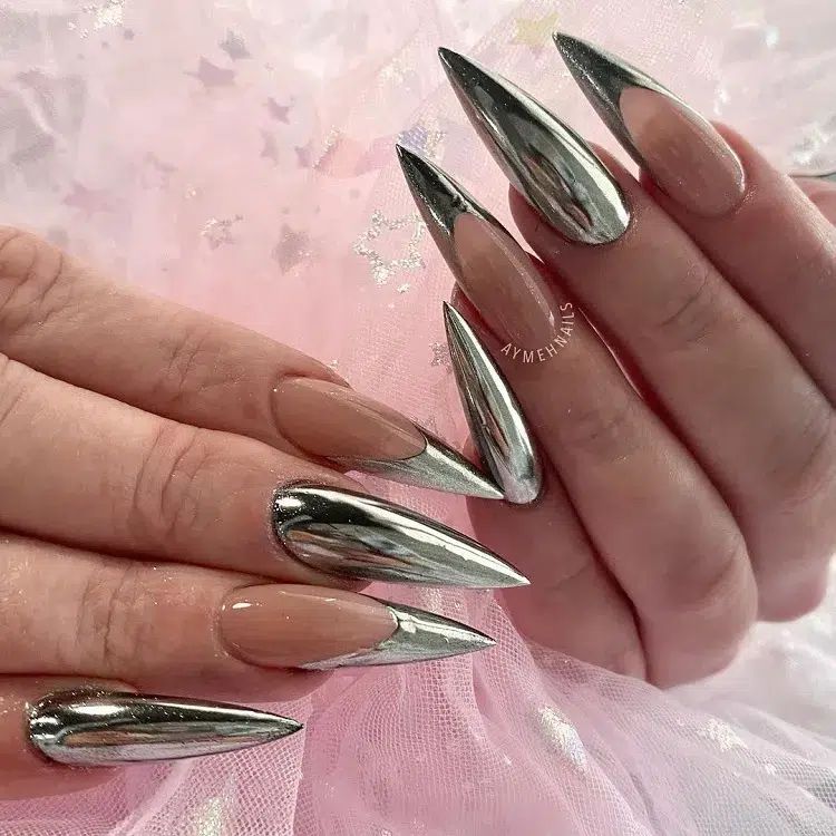 Nude Base Metallic Silver French Stilettos Nude Base Metallic Silver French Stilettos β New Years Stiletto Nails 2027
