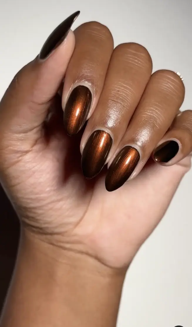 Deep Metallic Bronze Glossy Oval Nails Deep Metallic Bronze Glossy Oval Nails β Medium Length Winter Nails